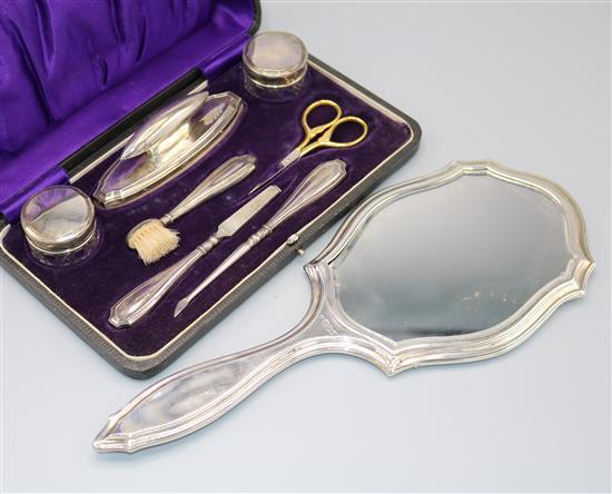 Silver mirror & cased silver manicure set